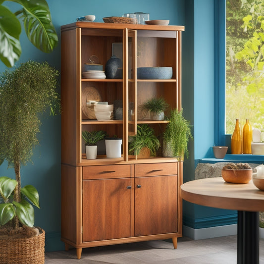 A beautifully designed corner cabinet with sleek wooden finishes, filled with colorful dishes and decorative items, surrounded by lush indoor plants, soft ambient lighting, and modern decor elements, creating a cozy yet stylish atmosphere.