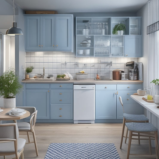 A tidy studio kitchen with sleek, modern appliances, featuring a wall-mounted foldable table, a compact refrigerator with built-in storage, and a pegboard with hanging utensils and baskets.