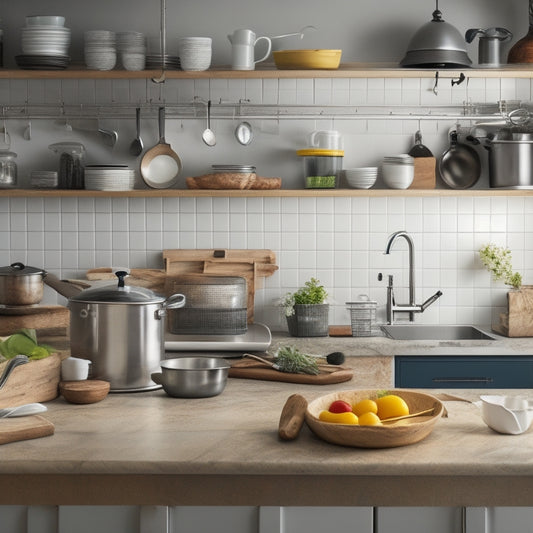 A tidy kitchen with open cabinets showcasing organized cookware, utensils, and ingredients, alongside a laptop displaying an online course webpage on kitchen storage optimization, with a subtle background of a chef's hat and utensils.