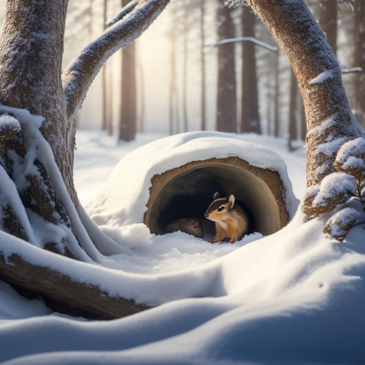 A serene winter forest scene depicting a chipmunk's underground burrow, with tunnels, cozy nesting chambers, and stored acorns, surrounded by snow-covered tree roots and frosty earth.