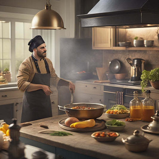 A warm, golden-lit kitchen with a confident chef standing in front of a stovetop, proudly holding a sizzling skillet, surrounded by fresh ingredients and cooking utensils, with a subtle hint of steam rising.