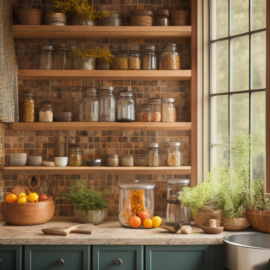 A stylish kitchen featuring a sleek wall-mounted spice rack filled with colorful spice jars, herbs in glass containers, and a backdrop of bright tiles, all bathed in warm, inviting natural light.
