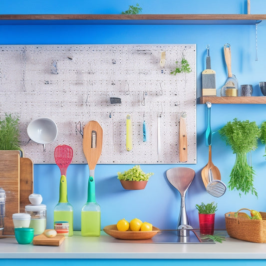 A vibrant kitchen scene featuring a white pegboard filled with colorful utensils and tools, neatly organized by size and type, surrounded by fresh herbs and a wooden countertop, capturing a cozy and functional cooking space.