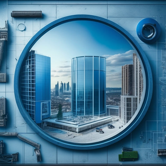 A blueprint of a modern building with a large keyhole cutout, surrounded by scattered construction tools and a faint outline of a cityscape in the background, with a subtle gradient of blue to green.