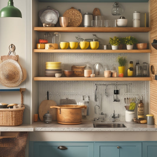 A clutter-free tiny kitchen with a wall-mounted pegboard, a utensil organizer attached to the side of a cabinet, and a compact cart with baskets and a built-in spice rack.