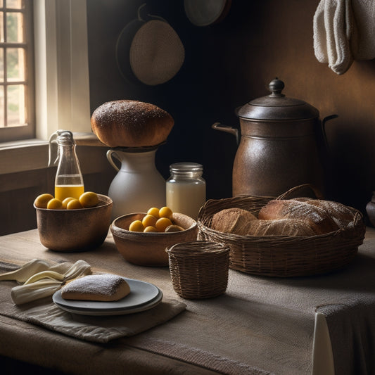 A warm, golden-lit kitchen scene featuring a worn wooden table with a woven basket overflowing with freshly baked Amish friendship bread, surrounded by scattered flour, sugar, and a few ceramic jars.