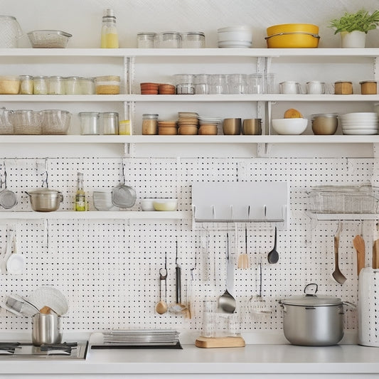 A bright, modern kitchen with sleek white cabinets, featuring a pegboard on the wall with hanging utensils, a spice rack, and a tiered shelf with neatly stacked cookbooks and canisters.