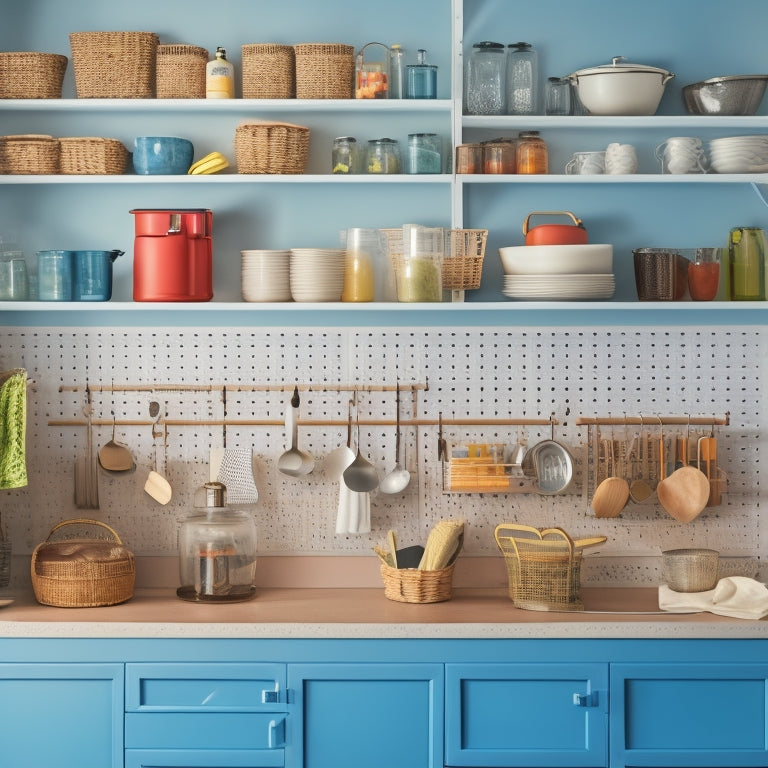 A tidy kitchen with a mix of open and closed storage solutions: a utensil organizer on the countertop, a pegboard on the wall, and a cabinet with baskets and dividers.