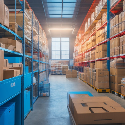 A tidy, modern warehouse with organized shelves, labeled boxes, and a tablet displaying a spreadsheet, surrounded by colorful folders, pens, and a cup of coffee, under a bright, natural light.