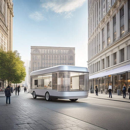 A futuristic, sleek, silver mobile food unit with transparent walls, equipped with high-tech food scanners, robotic arms, and a miniature laboratory, parked in a bustling city square.