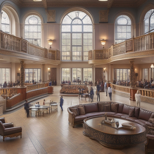 A bustling university union hub with a vibrant atmosphere, featuring a grand staircase, comfortable lounge seating, and a large window with a campus quad view.