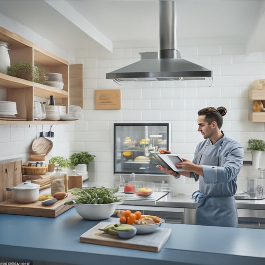 A modern, sleek kitchen with a chef or cook holding an iPad, surrounded by organized shelves and countertops, with a few ingredients and utensils neatly arranged, and a subtle hint of a digital inventory list on the iPad screen.