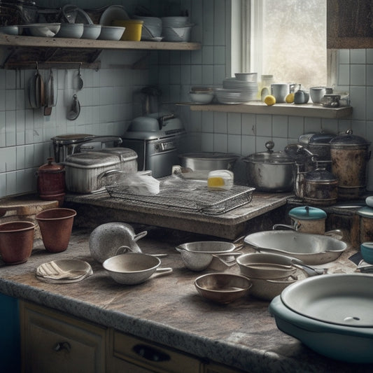 A messy kitchen with cluttered countertops, overflowing utensil drawers, and a sink piled high with dirty dishes, surrounded by worn-out appliances and faded tile backsplash.