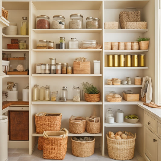 A tidy pantry with adjustable shelves, baskets, and bins in a soothing white and wood tone color scheme, featuring a few neatly arranged jars, cans, and kitchen gadgets.