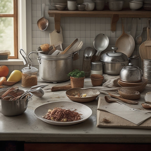 A cluttered kitchen counter with utensils scattered chaotically, including a jumbled mess of spatulas, whisks, and wooden spoons, amidst open cookbooks and scattered recipe papers.