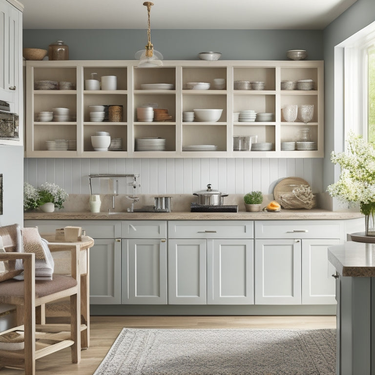 A spacious kitchen featuring elegant pull-out cabinet shelves, showcasing easy access to neatly organized jars, pots, and utensils. Soft natural light illuminates the space, highlighting the functional design for elderly accessibility.