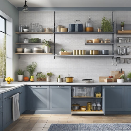 A bright, modern kitchen with sleek cabinets, featuring various adjustable shelving solutions: a wall-mounted shelf with sliding baskets, a retractable pot rack, and a pull-down spice rack above a kitchen island.