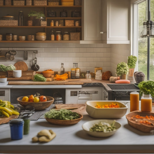 A clean and organized kitchen with a utensil organizer on the counter, a labeled spice rack on the wall, and a chef efficiently chopping vegetables at a central workstation.
