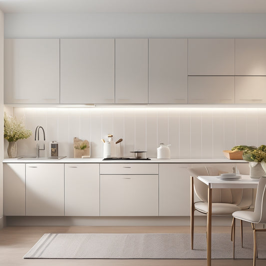 A sleek, minimalist kitchen with soft, warm under-cabinet lighting illuminating smooth white countertops, reflecting modern stainless steel appliances, and showcasing elegant, simple dishware against a backdrop of muted pastel walls.