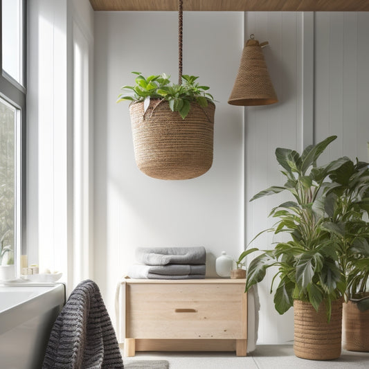 A serene, minimalist interior scene featuring a sleek, woven hanging basket suspended from a wooden ceiling beam, filled with rolled towels, a few potted plants, and a woven storage box.