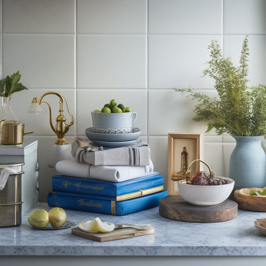 A beautifully styled kitchen with three to five open decorative boxes on a marble countertop, each filled with a unique combination of kitchen decor items, such as vases, linens, and cookbooks.