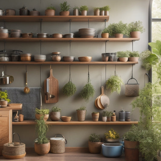 A stylish kitchen featuring vertical shelves filled with neatly arranged spices, pots, and pans, hanging utensils, and vibrant herbs in wall-mounted planters, all bathed in warm, natural light for an inviting atmosphere.