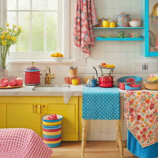 Whimsical kitchen scene featuring a mix of colorful, playful patterns: polka-dot aprons, striped tea towels, chevron-print ceramic tiles, and a vintage-inspired floral wallpaper, all bursting with vibrant hues and joyful energy.