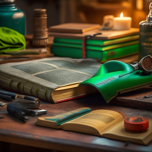 A worn, leather-bound book lies open on a cluttered workbench, surrounded by scattered tools and rusty MGB parts, with a vintage British Racing Green sports car in the blurred background.