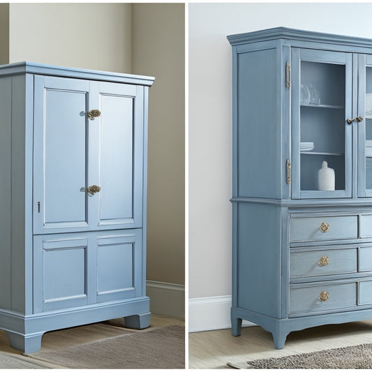 A split-screen image featuring a before-and-after transformation: a worn, outdated MDF cabinet on the left with scratched surfaces and outdated hardware, and a refinished, modernized version on the right with sleek new hardware and a fresh coat of paint.