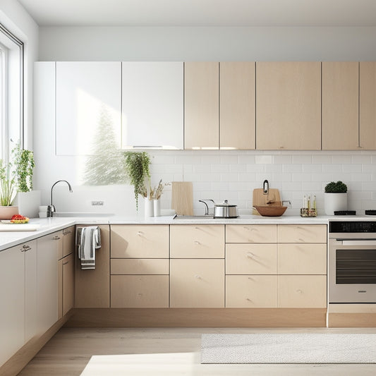 A serene, minimalist kitchen with a compact countertop, featuring a few, carefully-selected appliances and utensils, amidst a calming white and wood-grain color scheme, with ample natural light.