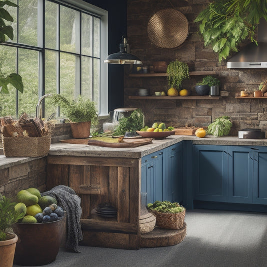 A serene, modern kitchen with a wooden island, surrounded by lush greenery, featuring a compost bin, a waste-sorting station, and a vibrant, overflowing fruit bowl on a reclaimed wood table.