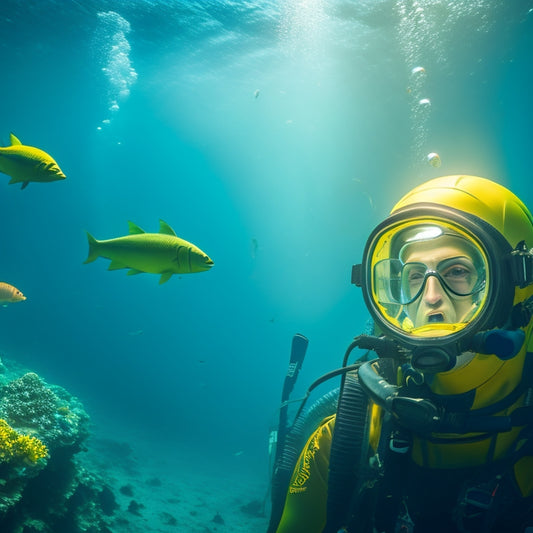 A scuba diver in a yellow helmet, surrounded by bubbles, looks up at a submarine wreckage, with a faint glow of an underwater torch in the background, amidst a school of fish.