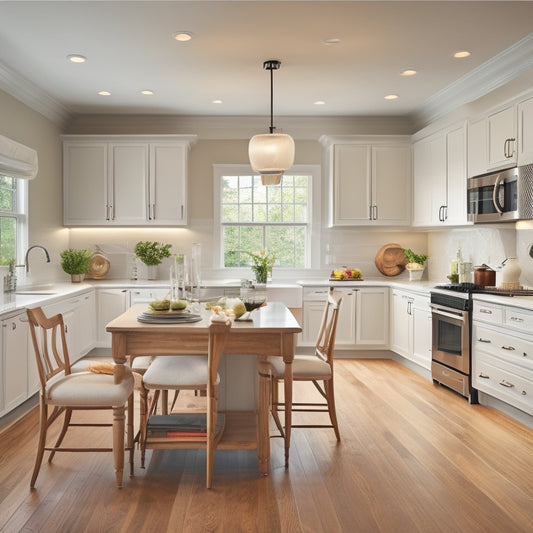 An L-shaped kitchen layout with sleek, white cabinets, dark hardwood floors, and a large island in the center, surrounded by a breakfast nook with a circular table and three chairs.