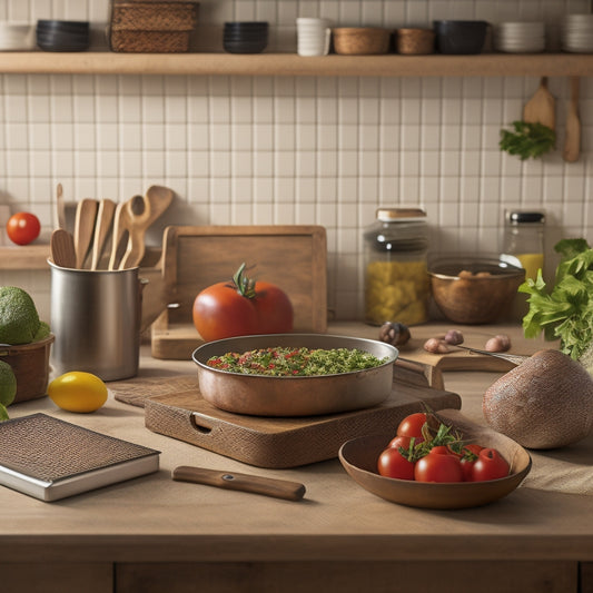 A warm, organized kitchen background with a wooden recipe box, a laptop, and a utensil holder, surrounded by scattered recipe cards, aprons, and a few fresh ingredients like tomatoes and herbs.