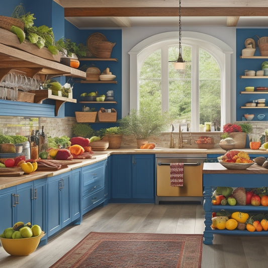 A spacious kitchen featuring a large island with multiple open shelves, colorful bins, and drawers filled with pots, pans, and utensils. Surrounding the island are family members cooking together, vibrant fruits and vegetables on display.