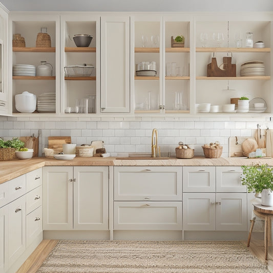 A bright, modern kitchen with creamy white cabinets, warm wood countertops, and a few strategically placed shelves, baskets, and hooks to maximize storage in a compact space.