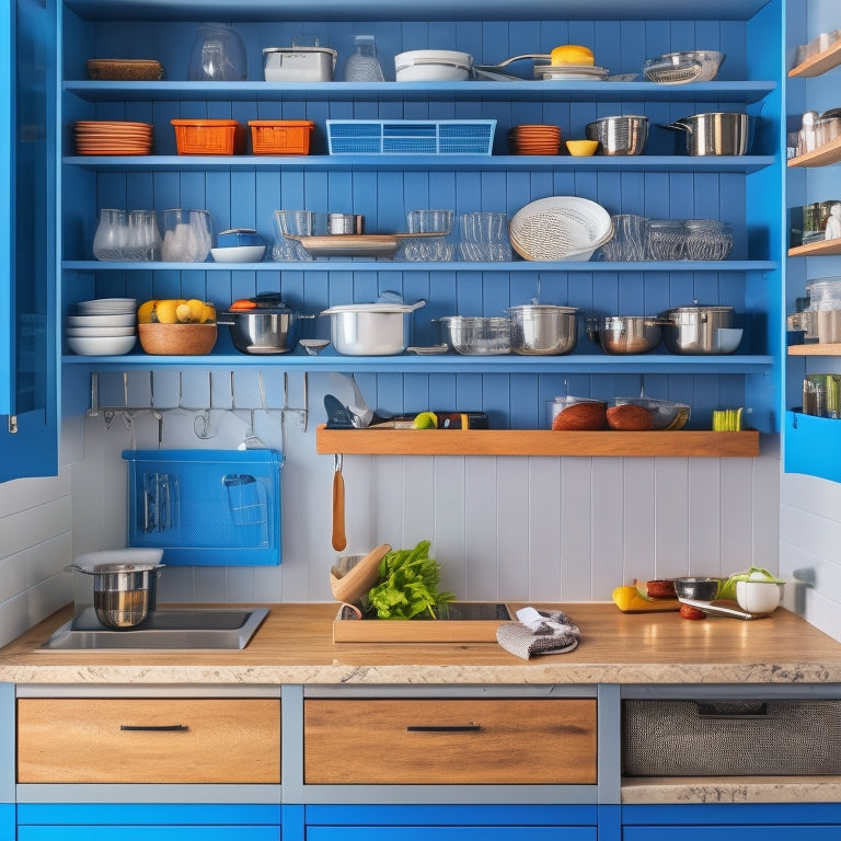 A modern, sleek kitchen with pull-out drawers, adjustable shelves, and a built-in pegboard, showcasing a perfectly organized space with utensils, cookware, and gadgets neatly arranged and easily accessible.