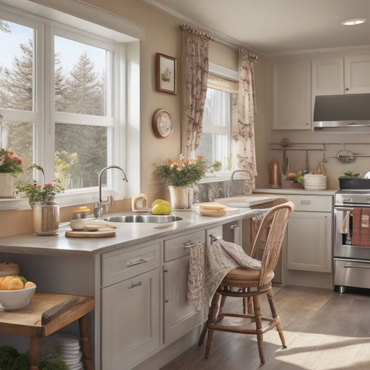 A warm and inviting kitchen with a senior using a wheelchair, surrounded by age-friendly features: lowered countertops, pull-out cabinets, and a sink with a single-handle faucet, set against a calming beige backdrop.