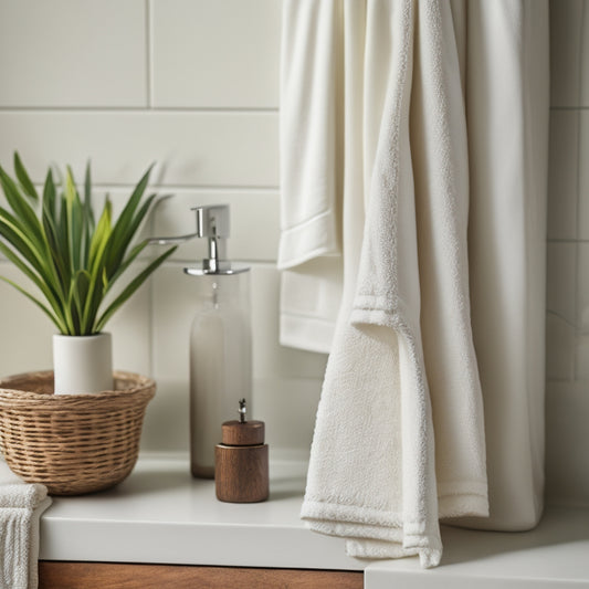 A tidy, minimalist bathroom scene featuring a crisp, white linen towel draped over a wooden towel rack, surrounded by a few artfully arranged bathroom essentials like a soap dispenser and a small potted plant.