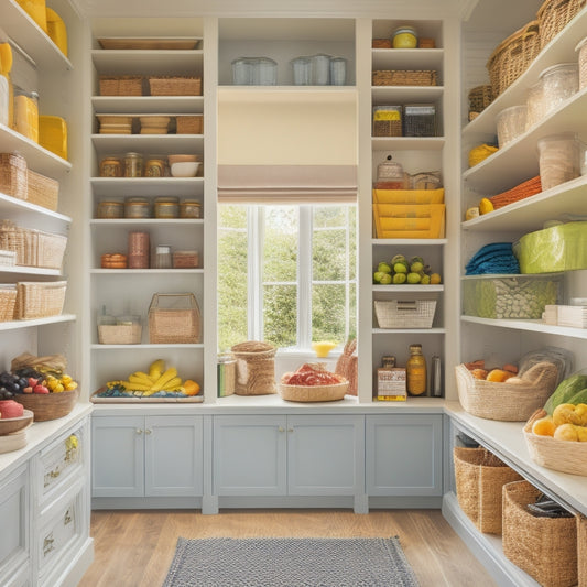A bright, organized pantry with adjustable shelves, baskets, and bins in various sizes, containing an assortment of colorful groceries, cookbooks, and kitchen utensils, illuminated by soft, natural light.