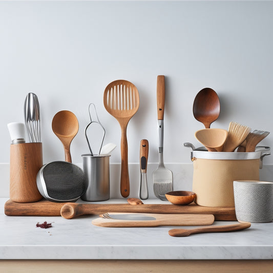 A tidy kitchen counter with a wooden utensil organizer, holding a neatly arranged set of kitchen tools, including a chef's knife, whisk, spatula, and wooden spoons, against a clean white background.