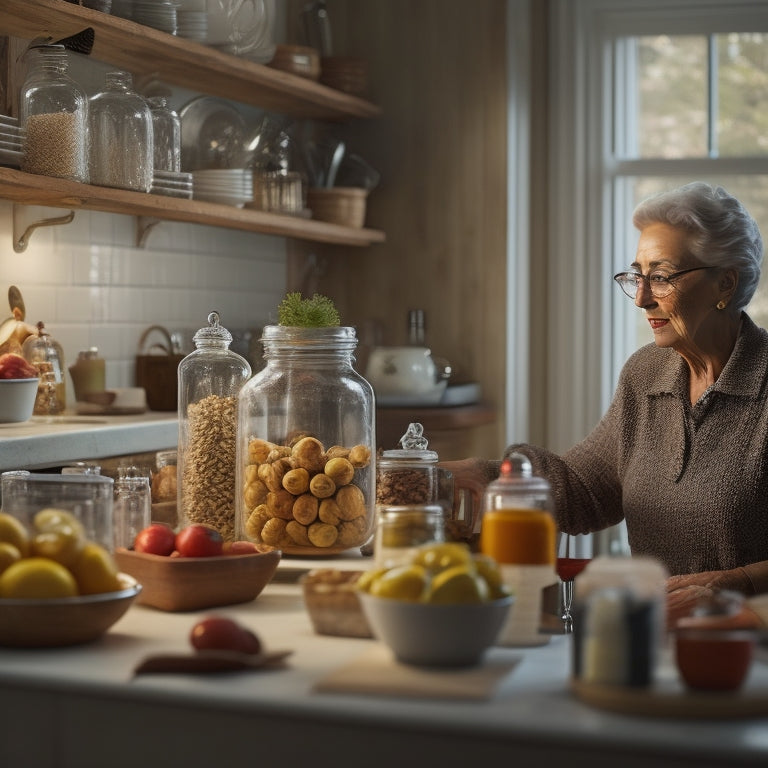 A serene, well-lit kitchen with a senior adult in the background, subtly blurred, surrounded by organized countertops, labeled jars, and a utensil organizer with ergonomic handles.