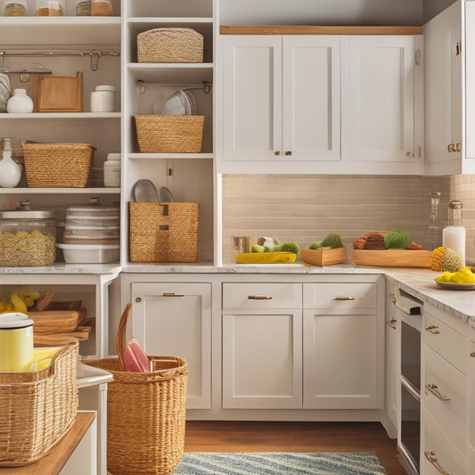 A tidy, well-lit kitchen with white cabinets, featuring a pull-out spice rack, a slide-out trash can, and a stack of nested baskets, all cleverly maximizing storage space.