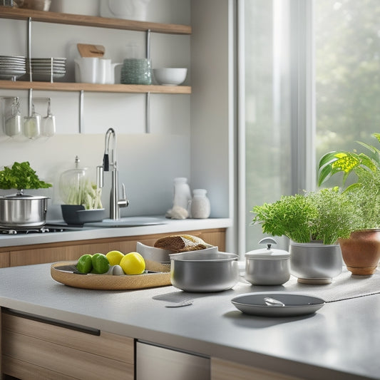 A sleek kitchen island featuring various dish drainer options: a modern stainless steel drainer, a bamboo rack, and an elegant ceramic holder, surrounded by vibrant kitchen accessories and natural light streaming in.