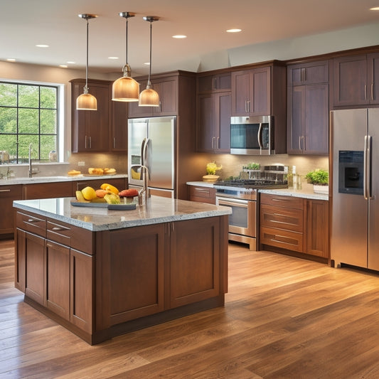 A warm, modern kitchen with sleek, high-gloss cabinetry, a large island with built-in cooktop, and a stainless steel refrigerator with French doors, set against a backdrop of natural stone and rich hardwood flooring.