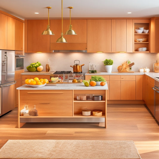 A modern kitchen with a large, L-shaped island featuring a combination of drawers, cabinets, and open shelving in a warm, honey-colored wood tone, surrounded by sleek, stainless steel appliances.