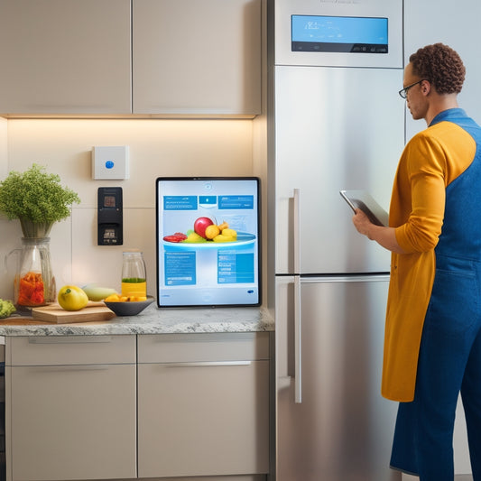 A modern kitchen with a large touchscreen display on the counter, a smart refrigerator with a digital screen in the background, and a robot assistant holding a tablet, surrounded by utensils and ingredients.