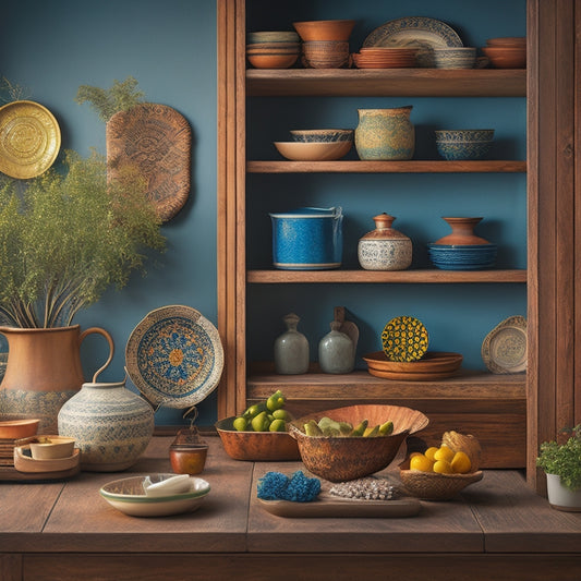 A rustic kitchen featuring an elegant wall rack adorned with colorful decorative plates, showcasing intricate designs. Soft, warm lighting highlights the textures of the wood and ceramics, creating an inviting atmosphere.