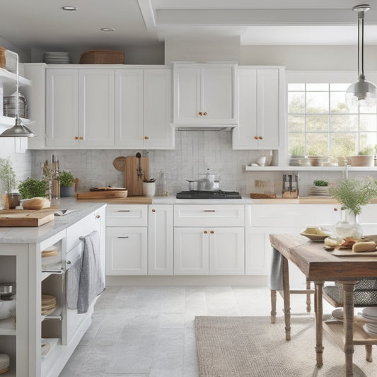A bright, modern kitchen with sleek white cabinets, containing neatly arranged utensils, cookbooks, and spices, alongside a matching island with built-in drawers and a wooden cutting board.