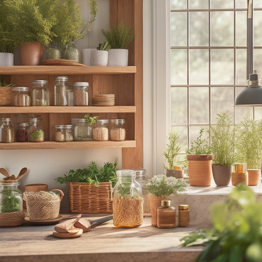 A vibrant kitchen scene featuring bamboo cabinet organizers, glass jars with natural wooden lids, and potted herbs. Sunlight streams through a window, illuminating eco-friendly materials and fresh produce on a rustic countertop.